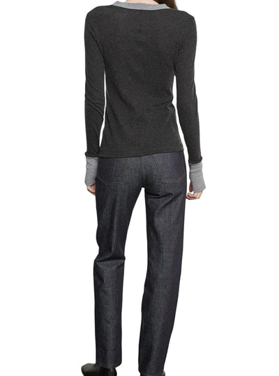 Cashmere Jersey Contrast Easy Cuffed Crew Charcoal/Smoke