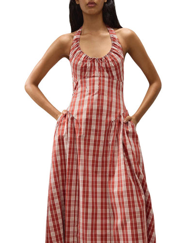 Del Ros Midi Dress Flor Check Terra Rosso