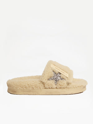 Shearling Poolstars with Silver Glitter Star - Beige